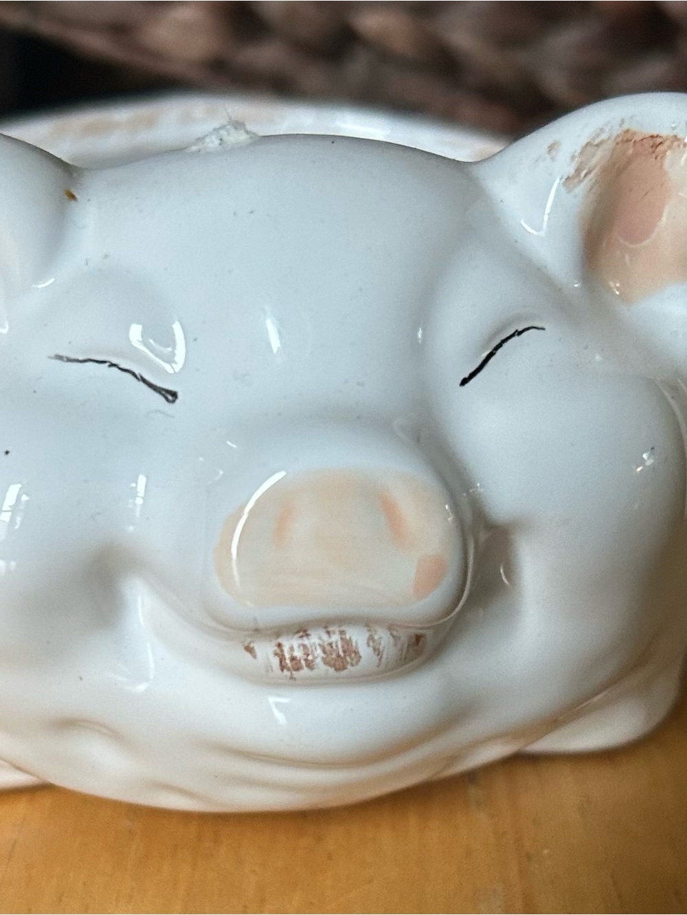 Smiling Ceramic Farmhouse Pig Bowl  - White with Blush Accents
